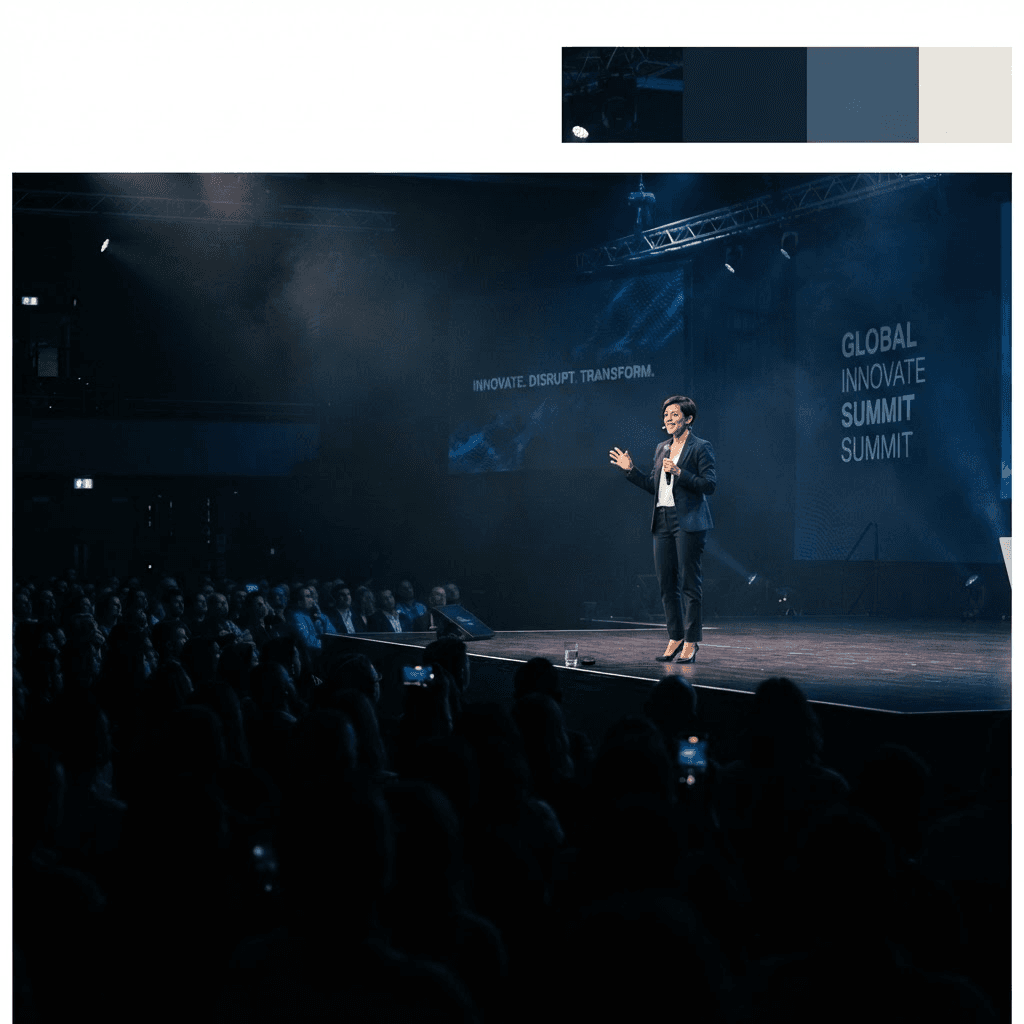 Professional speaker on stage addressing a large audience